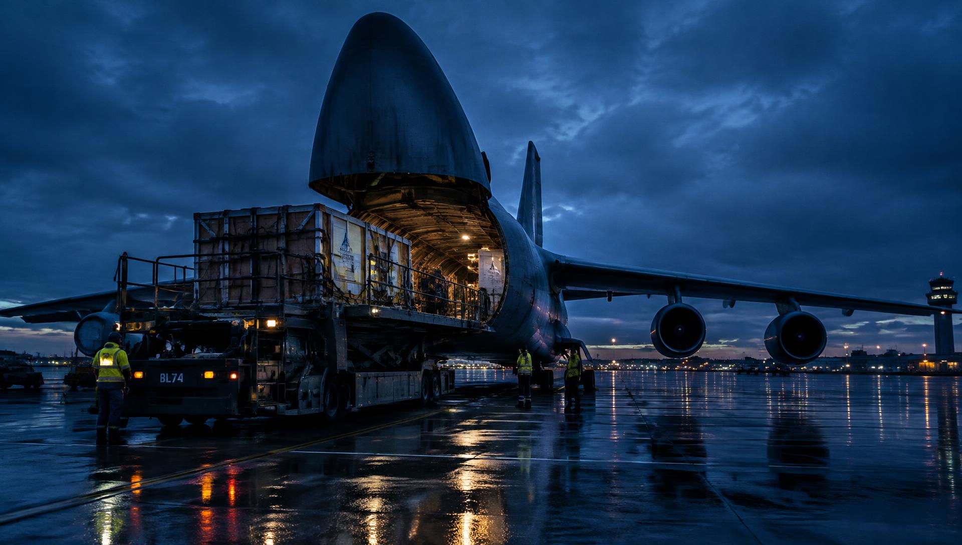 Cargo aircraft being loaded with specialist equipment at a UK airport