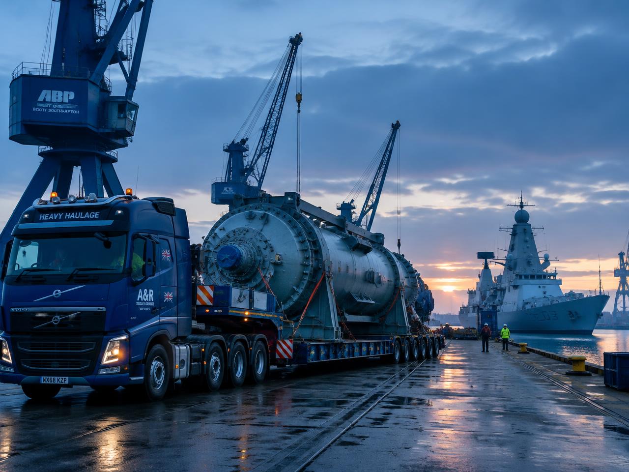 Heavy industrial equipment on a low-loader at a British port